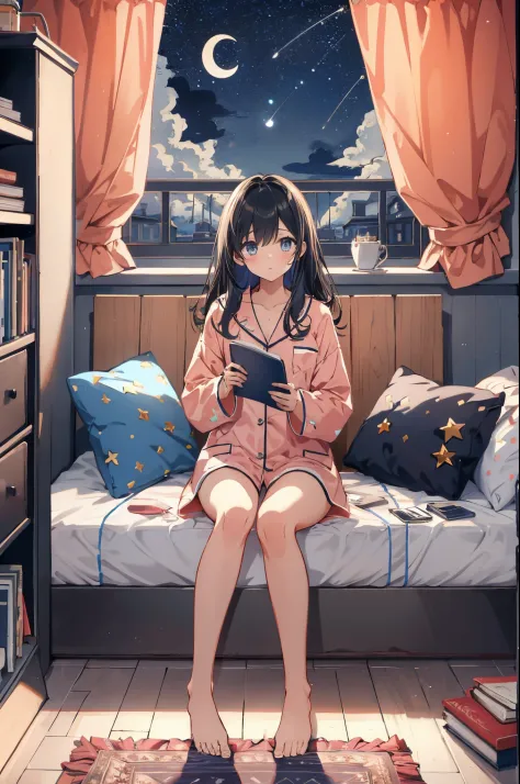lineart, 
1girl, solo, long hair, black hair, long sleeves, sitting, sky, shorts, barefoot, cloud, indoors, pillow, book, bare legs, window, bed, night, on bed, stuffed toy, moon, stuffed animal, curtains, star (sky), night sky, desk, starry sky, bubble, t...