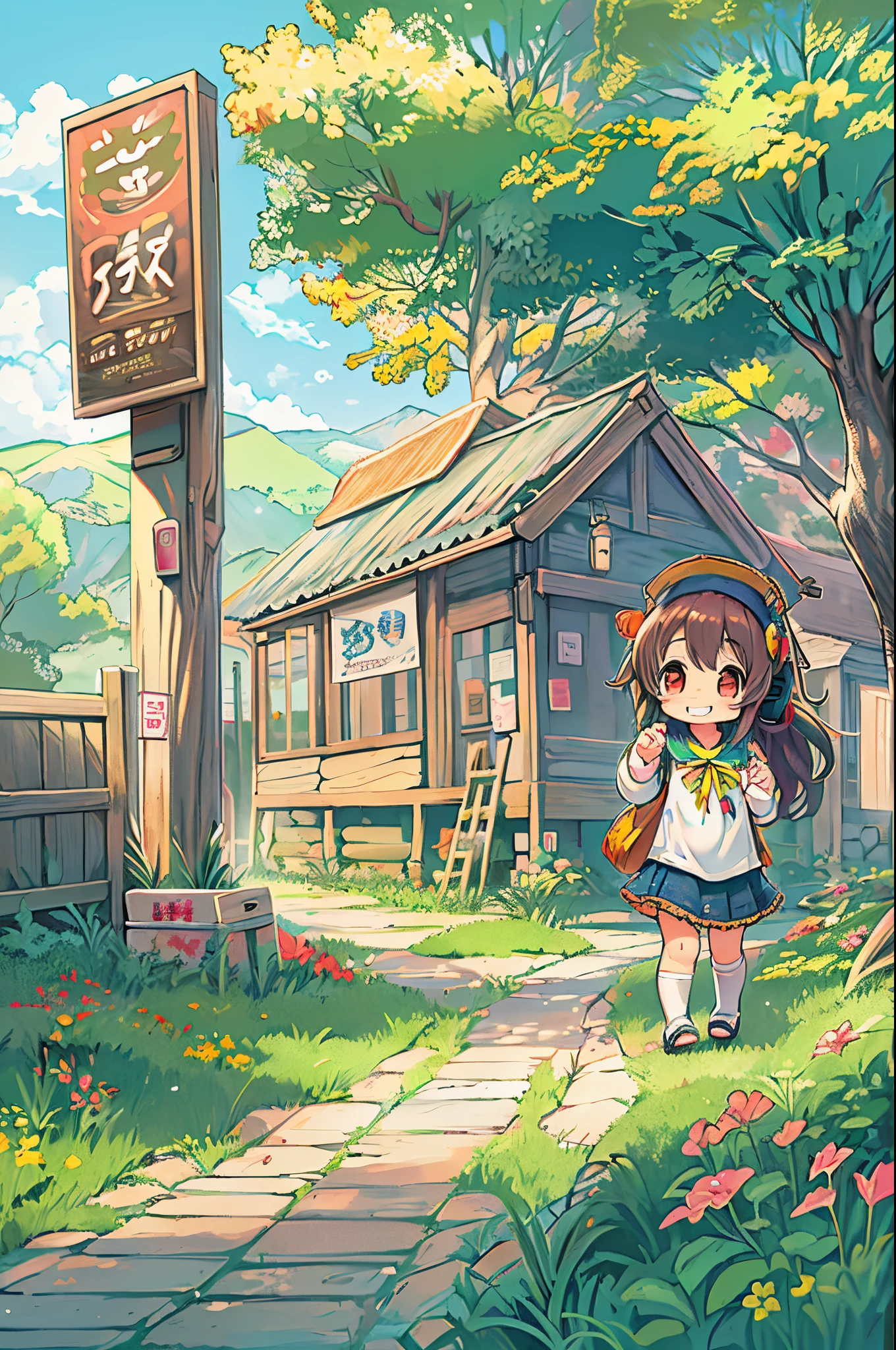 huge-breasted、kawaii、 girl、A huge smile on my face,Chibi, beautiful anime scene, Anime landscapes, Anime Background, Beautiful anime scenery, Beautiful peace scenes in anime, landscape artwork、inside the kindergarten、Hobo-san