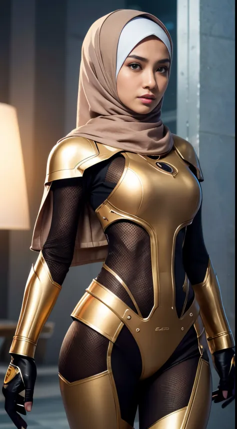 RAW, Best quality, high resolution, Masterpiece: 1.3), Beautiful Malay woman in hijab,Masterpiece, best quality,8k, brown eyes, perfect eyes,Imagine the Malay girl in hijab in a futuristic command center, strategically coordinating her mecha suit's actions to respond to a crisis, showcasing her leadership and intelligence