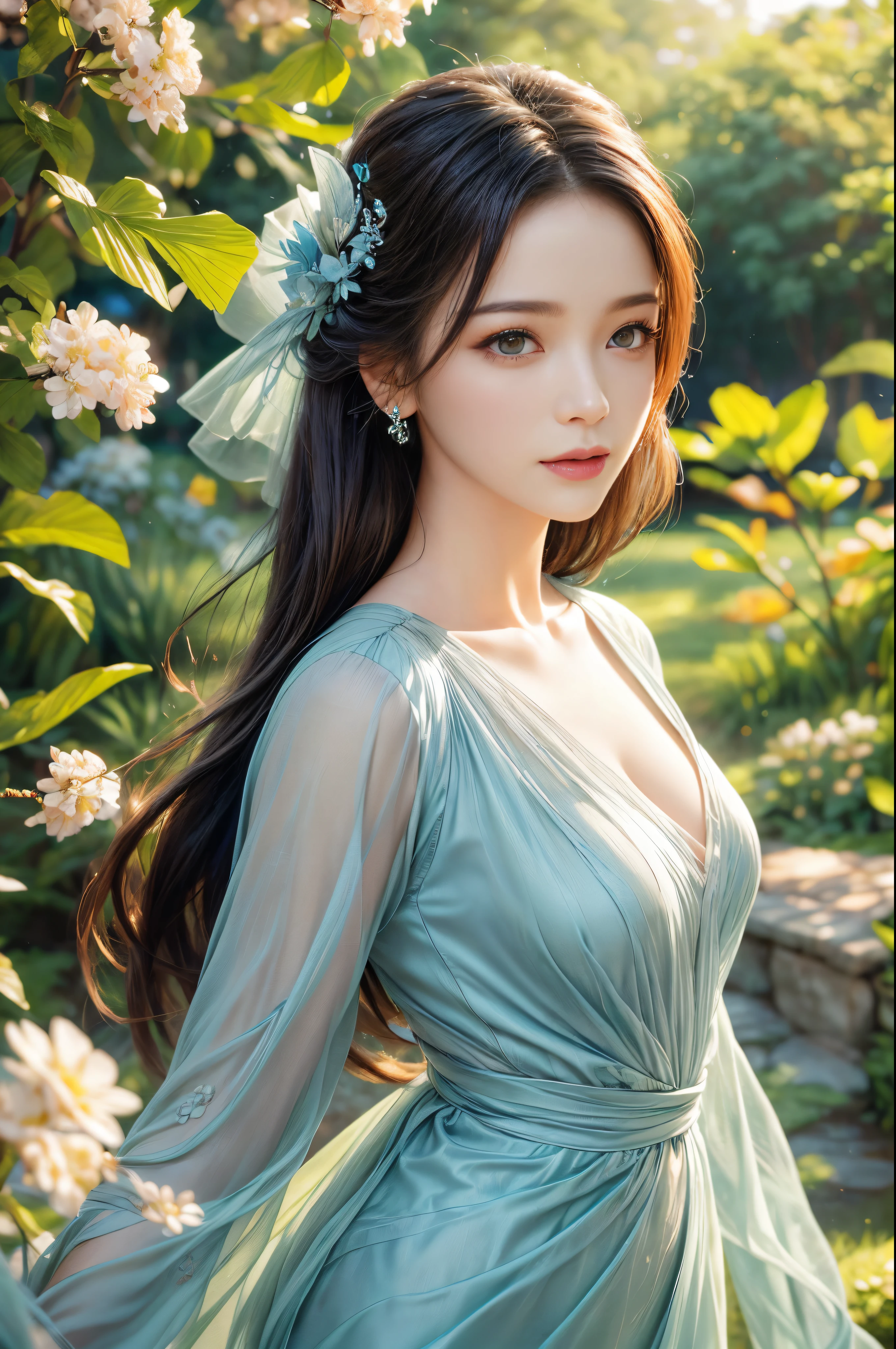 (woman wearing silver blue dress),(Stand gracefully),(with dynamism、Colorful garden front),(Shooting from front),(With double exposure effect),(Create an ethereal atmosphere),(Best quality,4K,8K,A high resolution,tmasterpiece:1.2),ultra - detailed,(actual,realistically,realisticlying:1.37),(oil painting or fine art:1.1),(beautidful eyes),(beautiful detailed lips),(Long eyelashes),(The soft, floated hair),(beautiful postures),(with a calm expression),(There are flowers all around),(Lush greenery),(butterflies flying),(Natural sunlight illuminates the scene),(evoke a feeling of tranquility and beauty),(Soft color palette),(Subtle and dreamy lighting)。