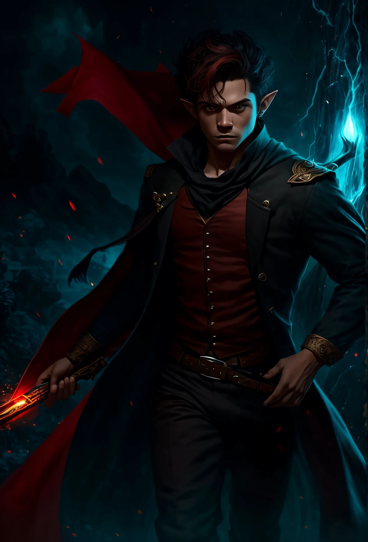 Elfenmann mit zusammengebundenem schwarzem Haar, mit schwarzer und roter Kleidung, trägt ein Geisterschwert