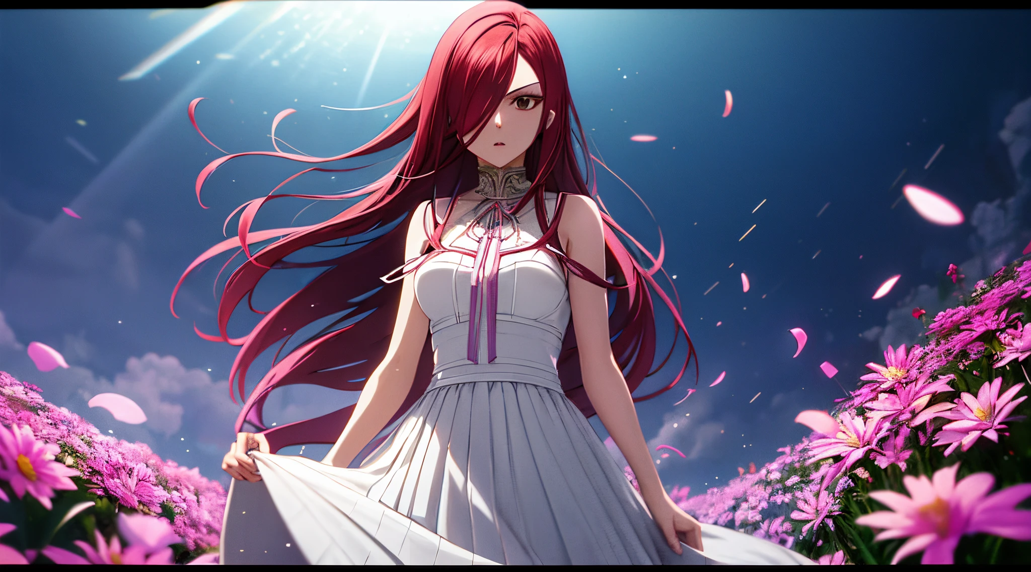 erza, 1girl, solo, long_hair, medium breasts,brown_eyes,red_hair,hair over one eye, standing, looking at viewer, white saint cloth, beads on neck, long skirt, flowers field athens temple, anime style,deep depth of field,wide angle view,Lumen Reflections,Screen Space Reflections,Diffraction Grading,Chromatic Aberration,GB Displacement,Scan Lines,Ray Traced,Anti-Aliasing,FXAA,TXAA,RTX,SSAO,Shaders,OpenGL-Shaders,GLSL-Shaders,Post Processing,Post-Production,cell Shading,Tone Mapping,CGI,VFX,SFX,insanely detailed and intricate, 4K