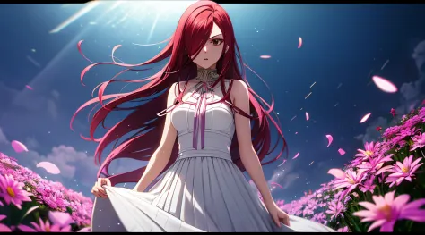 erza, 1girl, solo, long_hair, medium breasts,brown_eyes,red_hair,hair over one eye, standing, looking at viewer, white saint clo...