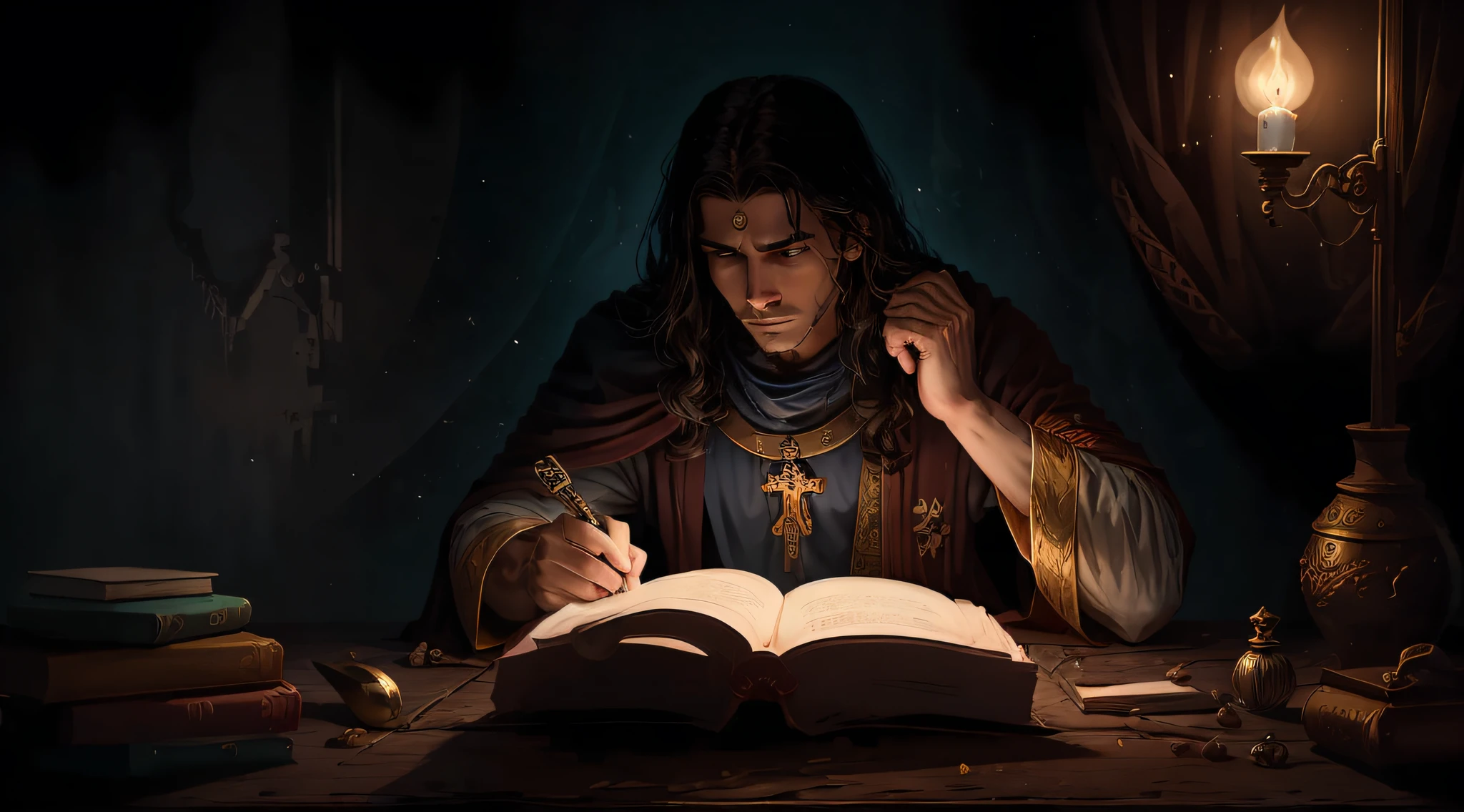 Jesús leyendo un libro con una cruz al fondo., Rey de Reyes, Jesus Cristo, El Señor y Salvador, Joven Dios Todopoderoso, Retrato del Emperador de la Humanidad, dios emperador, espada sagrada en sus manos, Retrato de Jesus Cristo, sentado en su trono, ilustración de la biblia, El Dios Emperador de la Humanidad, imagen de avatar, por Hristofor Žefarović