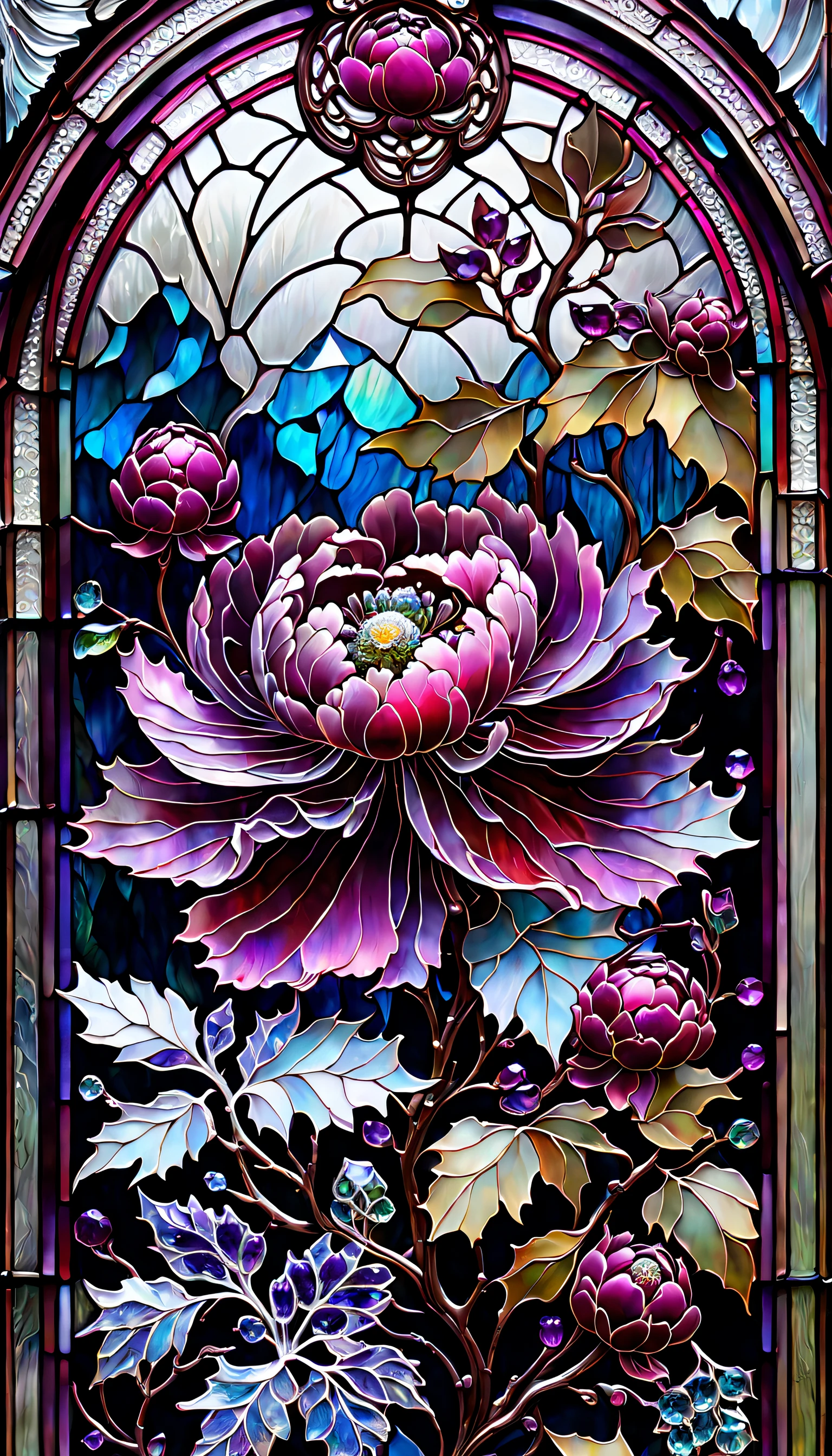 triadic colors, cinematic, transparent glass japanese garden, ruby peony flowers, ice hoarfrost, baroque, Craola, highly detailed stained glass, amethyst crystals, labradorite iridescent crystals, Andy Kehoe, John Blanche, complex highly detailed background, fantasy, filigree, filigree detailed, intricated