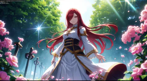 erza, 1girl, solo, long_hair, medium breasts,brown_eyes,red_hair,hair over one eye, standing, looking at viewer, white saint clo...