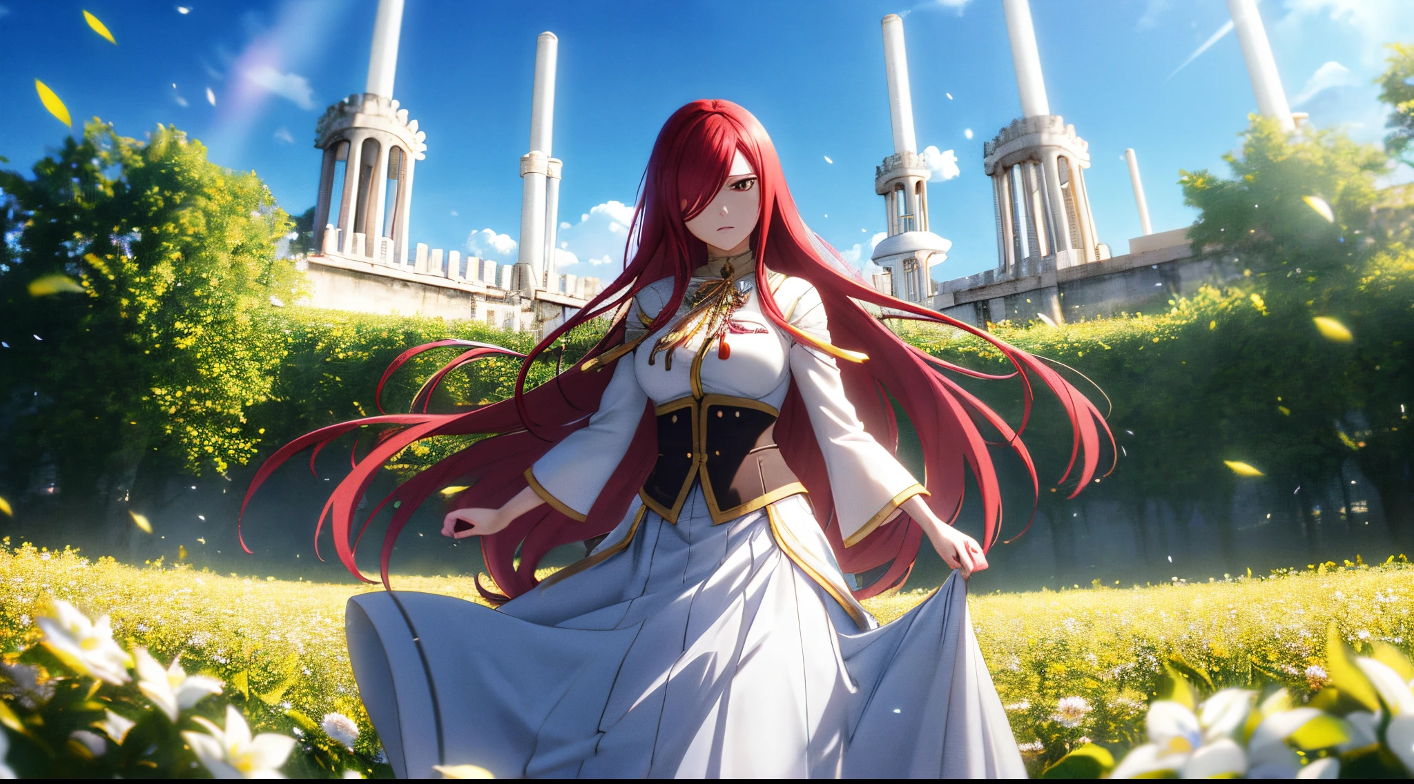 erza, 1girl, solo, long_hair, medium breasts,brown_eyes,red_hair,hair over one eye, standing, looking at viewer, white saint cloth, praying beads on neck, long skirt, flowers field athens temple, anime style,deep depth of field,wide angle view,Lumen Reflections,Screen Space Reflections,Diffraction Grading,Chromatic Aberration,GB Displacement,Scan Lines,Ray Traced,Anti-Aliasing,FXAA,TXAA,RTX,SSAO,Shaders,OpenGL-Shaders,GLSL-Shaders,Post Processing,Post-Production,cell Shading,Tone Mapping,CGI,VFX,SFX,insanely detailed and intricate, 4K