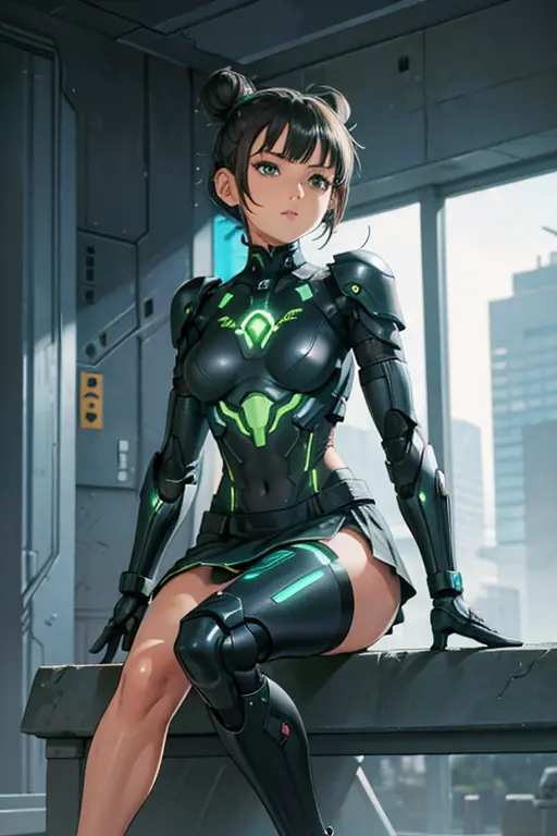 A beautiful, young, barefoot cyborg woman, wearing cybernetic technological black and green body armor with a skirt, prosthetic ...