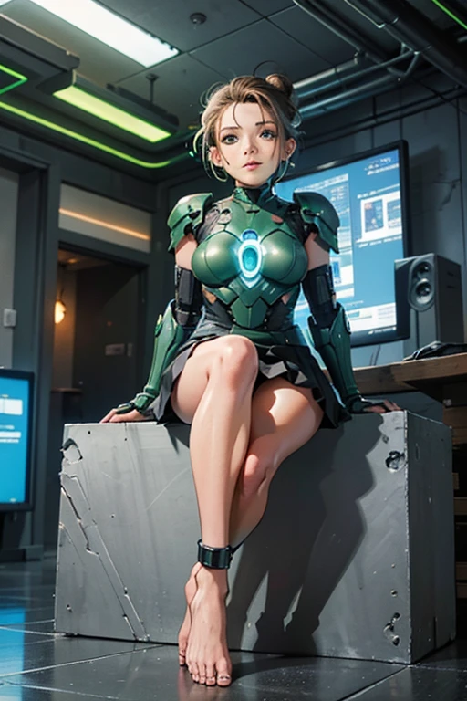 A beautiful, young, barefoot cyborg woman, wearing cybernetic technological black and green body armor with a skirt, prosthetic arms and legs , with short hair in a bun, in a futuristic room, sitting on the ground, happy facial expression.