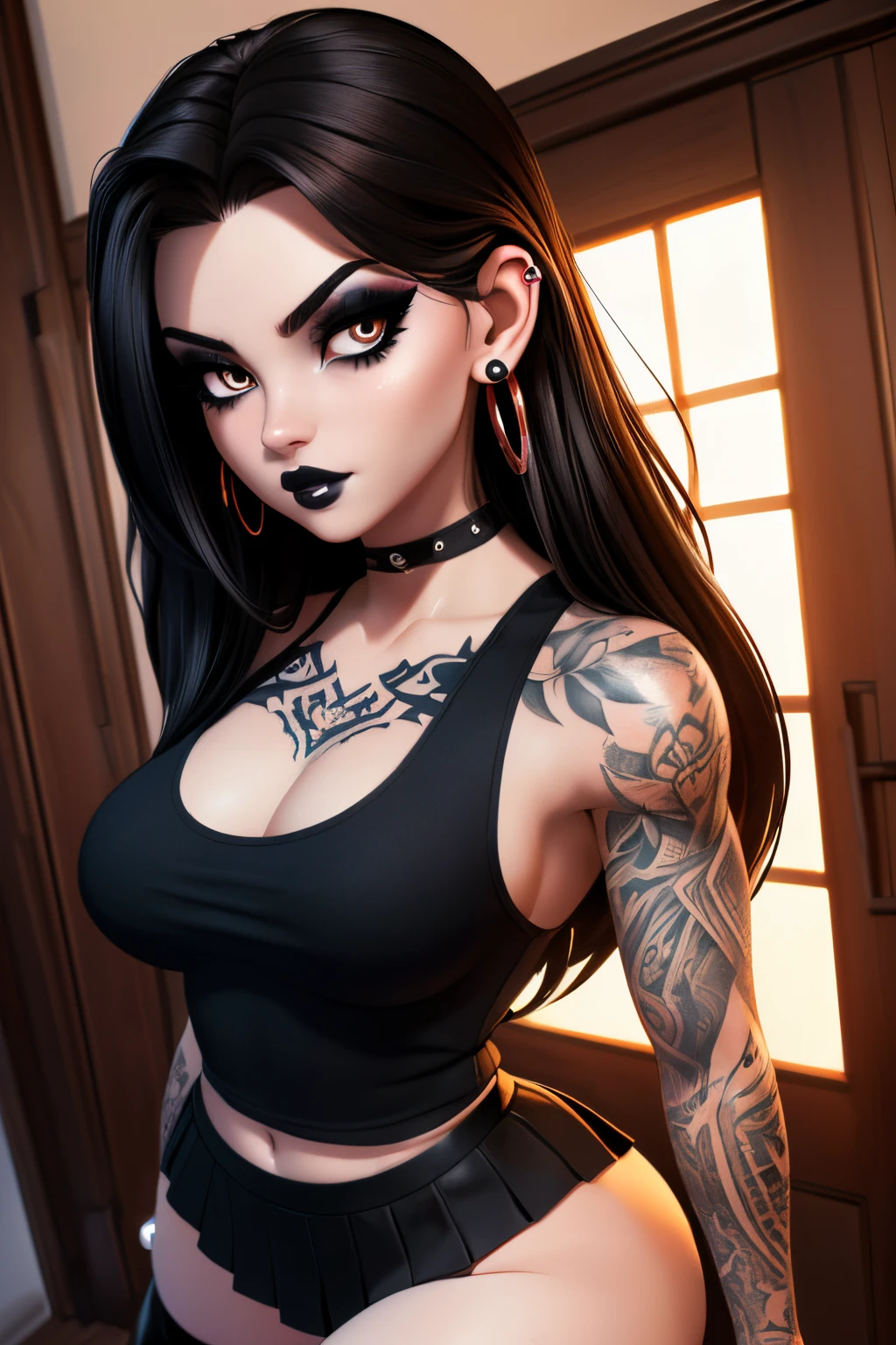 ((ultra quality)), ((tmasterpiece)), goth girl, ((long black hair), ((there are piercings and rings in the ears)), Beautiful cute face, beautiful female lips, ((dark makeup)), charming beauty, ((sexy facial expression)), is looking at the camera, ((Skin color: white)), ((have tattoos on the body)), Body glare, ((detailed beautiful female eyes)), ((dark brown eyes)), beautiful female hands, ((perfect female figure)), ideal female body shapes, Beautiful waist, nice feet, big thighs, Beautiful butt, ((Subtle and beautiful)), seductively worth it ((closeup face)), ((wearing a black miniskirt and a black sleeveless tank top, black boots with a large platform, black stockings)), background: Threshold of the house, evening sunset, ((Depth of field)), ((high quality clear image)), ((crisp details)), ((higly detailed)), Realistic, Professional Photo Session, ((Clear Focus)), ((cartoon)), the anime, NSFW