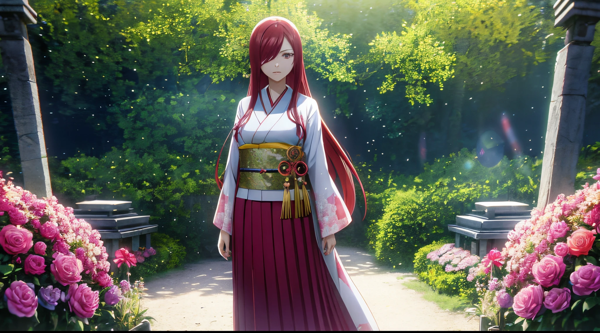 erza, 1girl, solo, long_hair, medium breasts,brown_eyes,red_hair,hair over one eye, standing, looking at viewer, flowers kimono, praying beads on neck, long skirt, flowers field athens temple, anime style,deep depth of field,wide angle view,Lumen Reflections,Screen Space Reflections,Diffraction Grading,Chromatic Aberration,GB Displacement,Scan Lines,Ray Traced,Anti-Aliasing,FXAA,TXAA,RTX,SSAO,Shaders,OpenGL-Shaders,GLSL-Shaders,Post Processing,Post-Production,cell Shading,Tone Mapping,CGI,VFX,SFX,insanely detailed and intricate, 4K