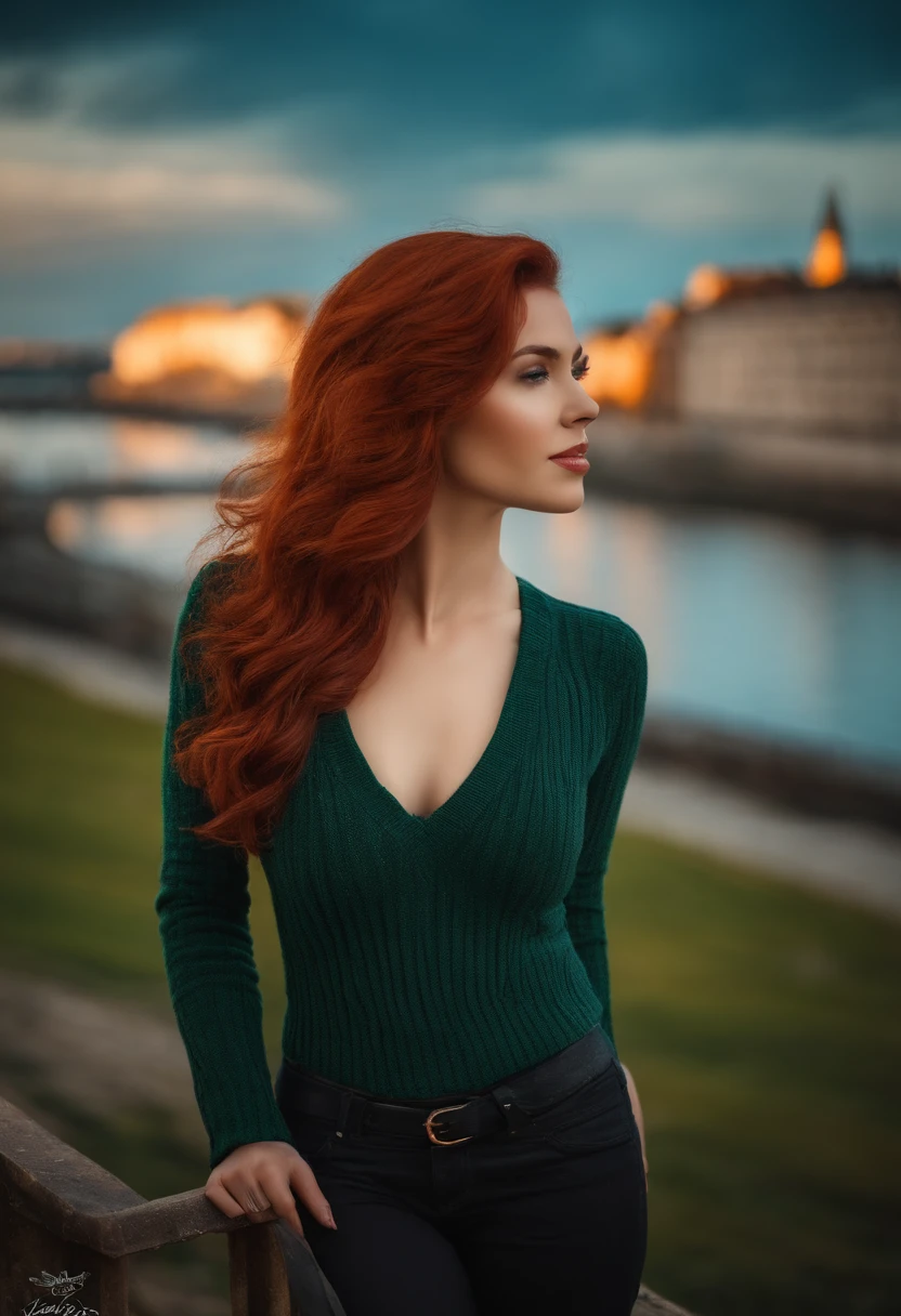 A woman with red hair standing on a bridge looking at the water - SeaArt AI