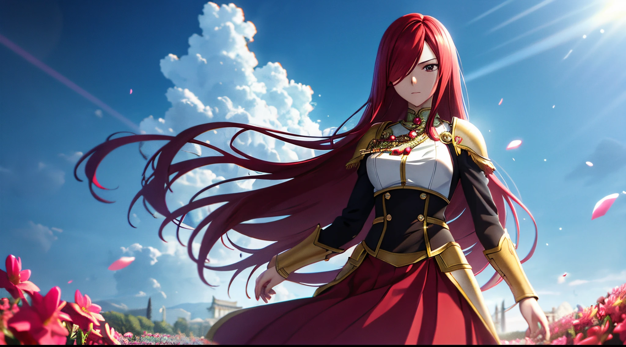 erza, 1girl, solo, long_hair, medium breasts,brown_eyes,red_hair,hair over one eye, standing, looking at viewer, golden armor, praying beads on neck, long skirt, flowers field athens temple, anime style,deep depth of field,wide angle view,Lumen Reflections,Screen Space Reflections,Diffraction Grading,Chromatic Aberration,GB Displacement,Scan Lines,Ray Traced,Anti-Aliasing,FXAA,TXAA,RTX,SSAO,Shaders,OpenGL-Shaders,GLSL-Shaders,Post Processing,Post-Production,cell Shading,Tone Mapping,CGI,VFX,SFX,insanely detailed and intricate, 4K