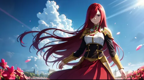 erza, 1girl, solo, long_hair, medium breasts,brown_eyes,red_hair,hair over one eye, standing, looking at viewer, golden armor, p...