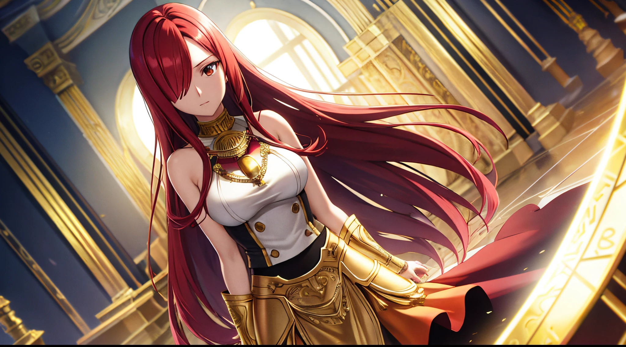 erza, 1girl, solo, long_hair, medium breasts,brown_eyes,red_hair,hair over one eye, standing, looking at viewer, golden armor, praying beads on neck, long skirt,golden athens temple, anime style,deep depth of field,wide angle view,Lumen Reflections,Screen Space Reflections,Diffraction Grading,Chromatic Aberration,GB Displacement,Scan Lines,Ray Traced,Anti-Aliasing,FXAA,TXAA,RTX,SSAO,Shaders,OpenGL-Shaders,GLSL-Shaders,Post Processing,Post-Production,cell Shading,Tone Mapping,CGI,VFX,SFX,insanely detailed and intricate, 4K