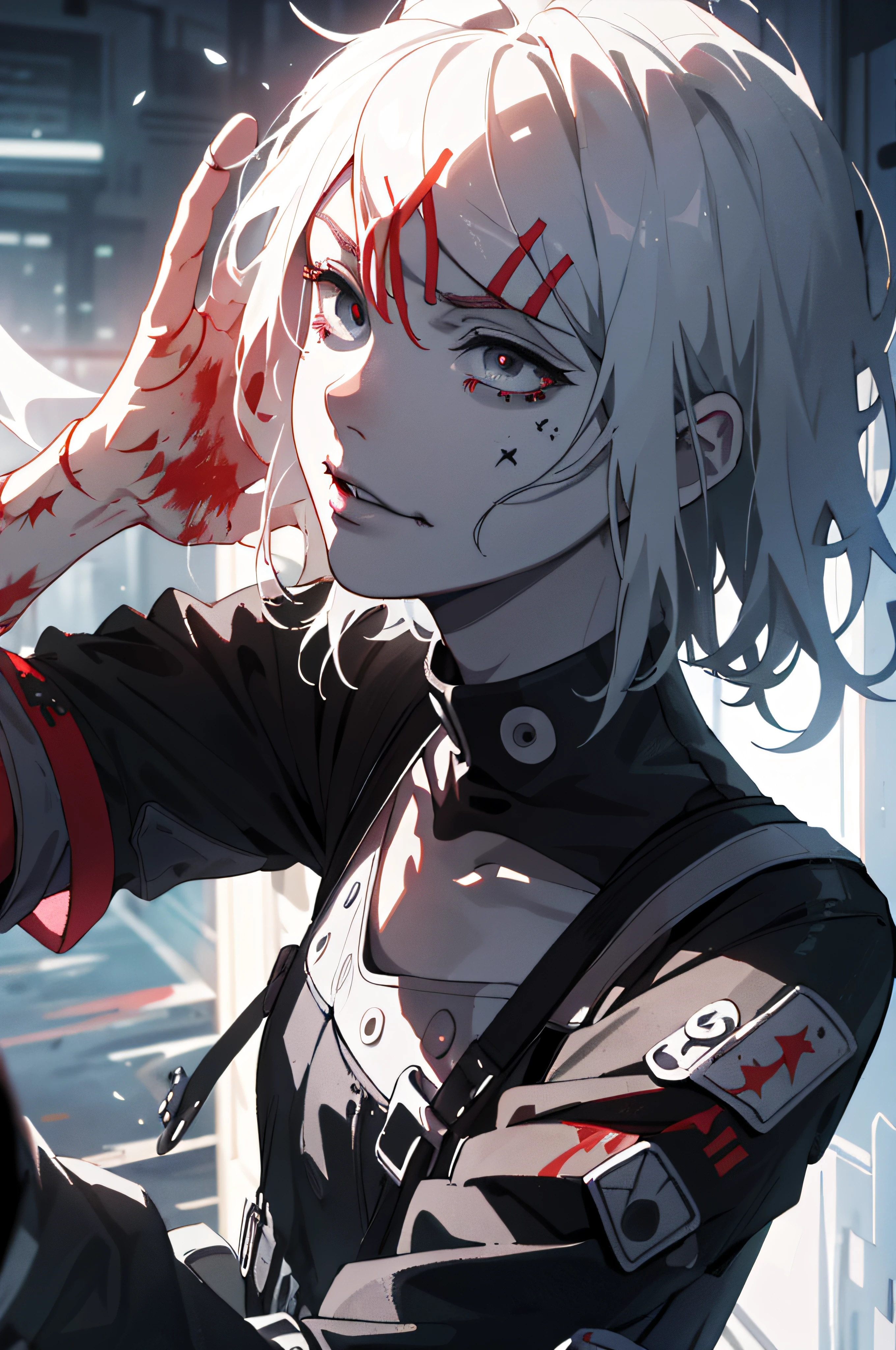 (best quality,4k,8k,highres,masterpiece:1.2),ultra-detailed,(realistic,photorealistic,photo-realistic:1.37),tokyo ghoul,girl,beautiful detailed eyes,beautiful detailed lips,kagune,anime,stylish black and white illustrations,grunge,street art,vivid colors,hidden city,neon lights,haunting atmosphere,ominous shadows,dynamic composition,mysterious mask,urban setting,cross-shaped sword,bloody violence,expressive hand gestures,emotional intensity,seamless integration of human and ghoul,contrast between human and monster,dark and gritty aesthetic,sharp focus,stylish clothing,complex emotions,dire consequences,fierce determination,stunning visuals,tragic beauty,gruesome transformation,horror and elegance intertwined,aching vulnerability,conflicted identity,captivating and intriguing storyline,ambient lighting,mood and atmosphere.