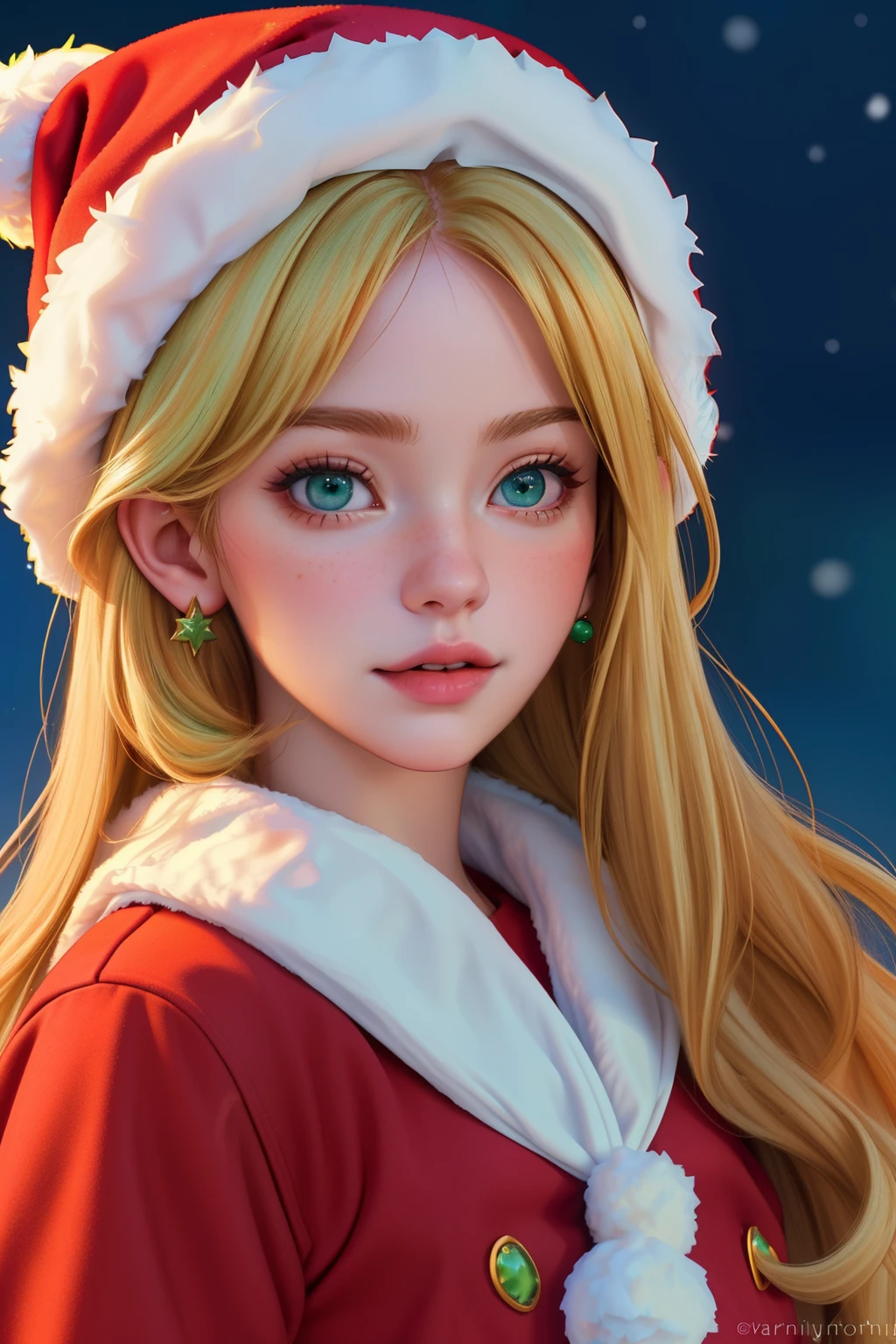 A girl with long blonde hair wearing a santa hat - SeaArt AI