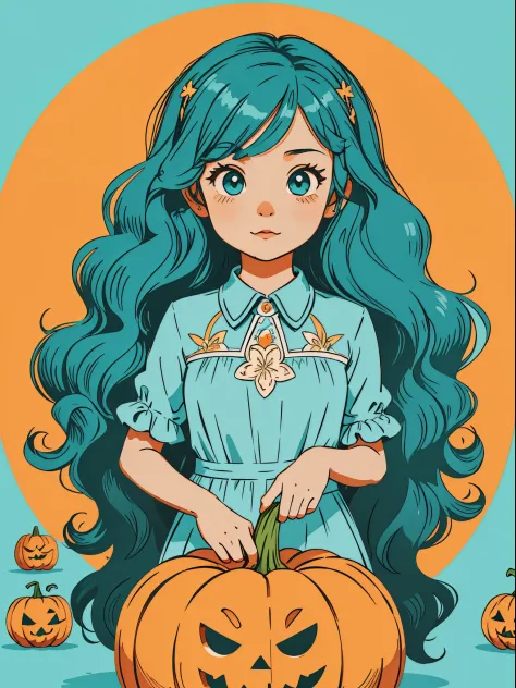 High quality design vector style image, Cute little girl s。Huge long hair。curlies。Large turquoise colored eyes。 pumpkins，Vector ...