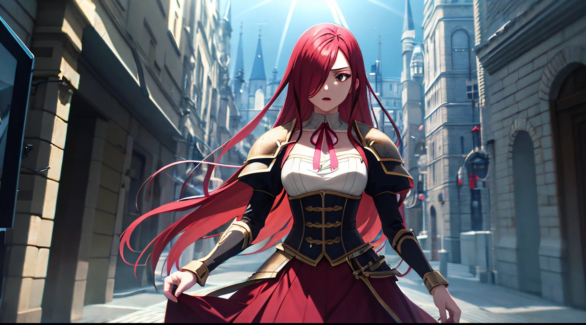 Erza, 1fille, seulement, Long_cheveux, seins moyens,brun_yeux,rouge_cheveux,cheveux over one eye, debout, regarder le spectateur,épaulettes d&#39;armure de chevalier médiéval, chapelet sur le cou, Long skirt,rue de la forteresse médiévale, Style animé,grande profondeur de champ,vue grand angle,Réflexions lumineuses,Réflexions dans l&#39;espace de l&#39;écran,Classement de diffraction,aberration chromatique,Déplacement GB,Lignes de balayage,lancer de rayons,anti crénelage,FXAA,THAÏLANDAIS,RTX,SSAO,shaders,OpenGL-shaders,GLSL-shaders,Post-traitement,post-production,ombrage des cellules,Cartographie des tons,cgi,effets visuels,Effets sonores,incroyablement détaillé et complexe, 4k