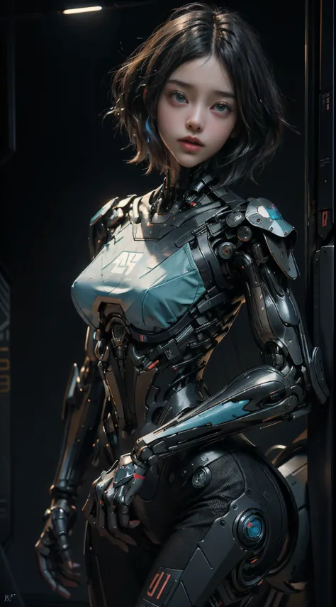 Chica cyborg cyberpunk retrofutyrista con partes de robot en el cuerpo ,ciencia avamzada todo de color azul celeste  , luces de ...