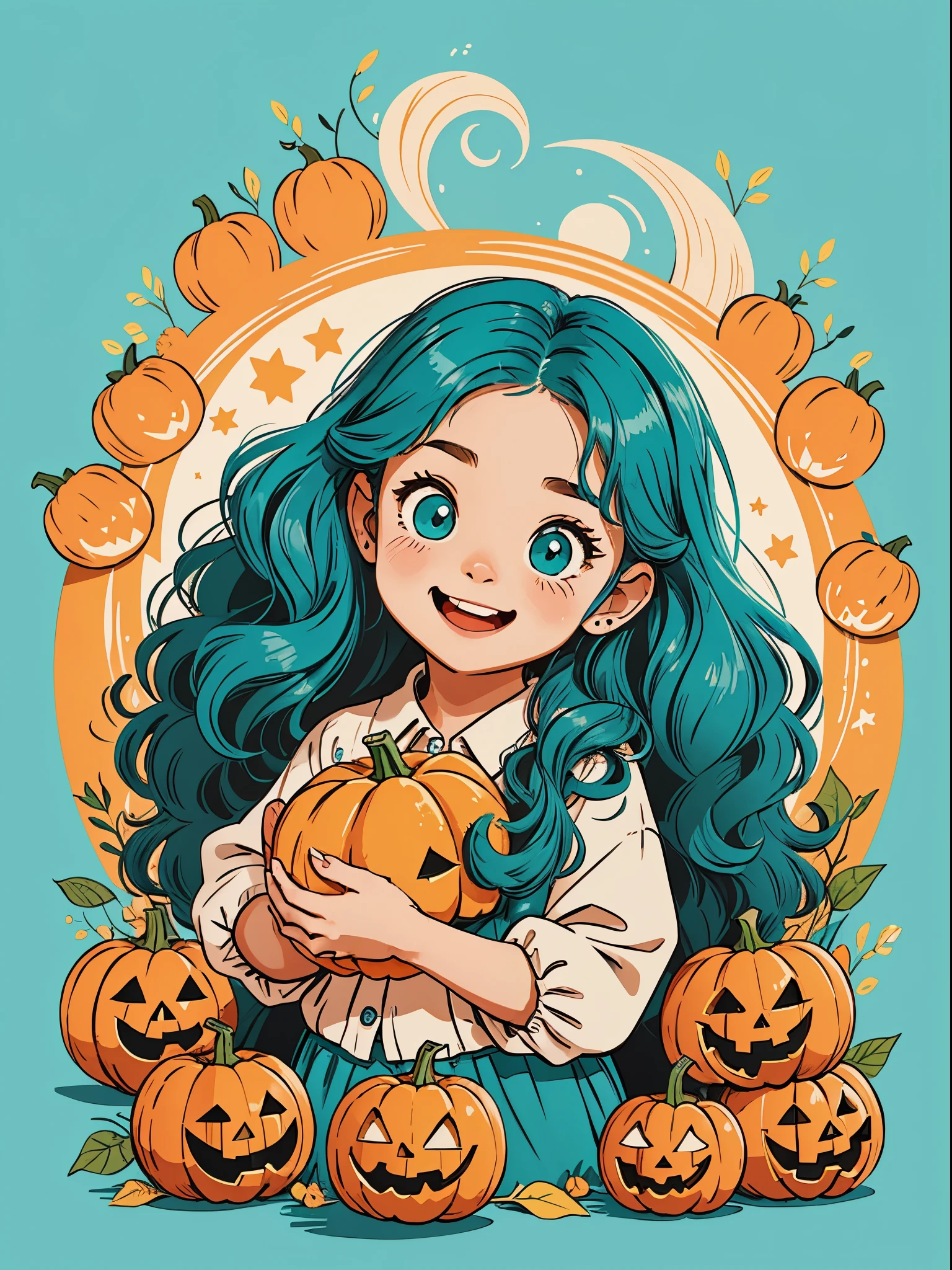 High quality design vector style image, Cute little girl s。cheerfulness，Interesting，Huge long hair。curlies。Large turquoise colored eyes。 pumpkins，Vector Image.