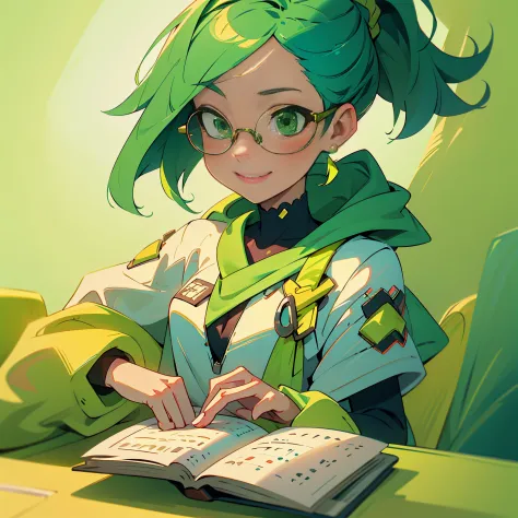 masutepiece, Best Quality, 4K, 超A high resolution, ultra-detailliert, High resolution, Ultra HD, sophisticated details, girl, Social, Instagram, Social, Smile, Cute, iphone, ponytail hair, Green hair color, Green eyes, Glasses, Intellectual, read the book,