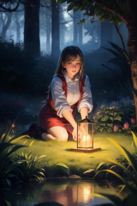 (8K, top-quality, tmasterpiece: 1.2), (actual, realistically: 1.37), super detailing, one-girl, wide viewing angle, Firefly Garden, Lots of little lights and fireflies flying around, natta
