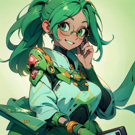 masutepiece, Best Quality, 4K, 超A high resolution, ultra-detailliert, High resolution, Ultra HD, sophisticated details, girl, Social, Instagram, Social, Smile, Cute, iphone, Ponytail hair, Green hair color, Green eyes, Glasses, Intellectual, Read the book,