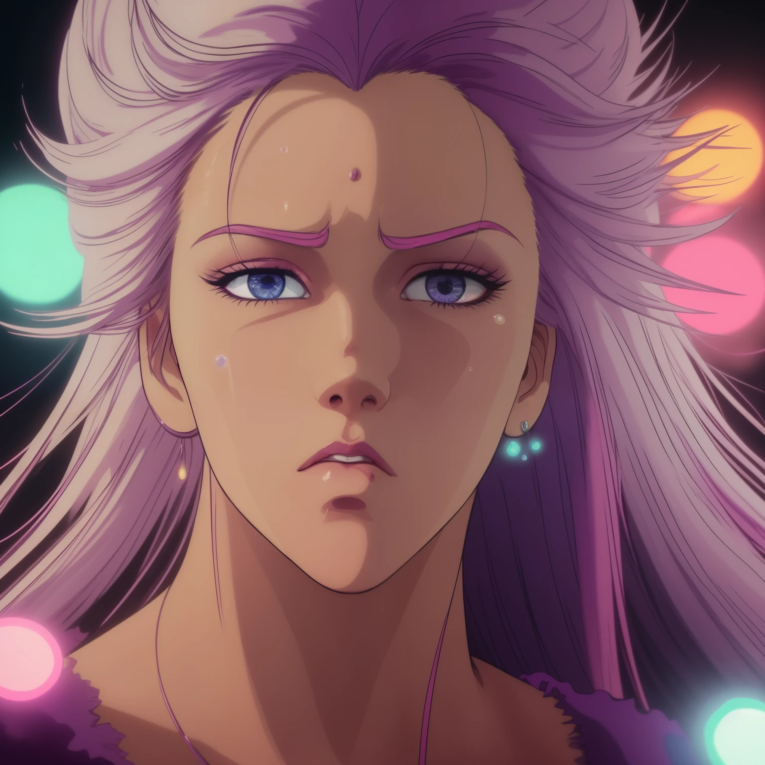 closeup,attractive,detailed,natural lighting,storytelling,colourful,contrast,soft lighting,glowing effect,retro style,closeup,white hair,woman,face,serious expression,beautiful detailed eyes,beautiful detailed lips,purple eyes,red dress flowing in the breeze,80's fashion,nighttime cityscape,neon lights,streets,HNK style,80's anime,deep shadows,colored highlights,evocative atmosphere,urban,to create a mysterious and nostalgic atmosphere.