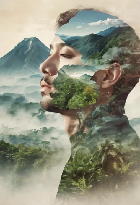 dubrec style，closeup of face，jungle mountains image foreground，（multiple exposure：1.8），complex illustrations in surrealist art s...