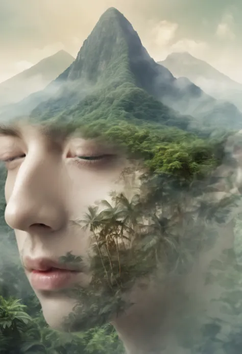 Dubrec style，closeup of face，Jungle mountains image foreground，（multiple exposure：1.8），Complex illustrations in surrealist art s...