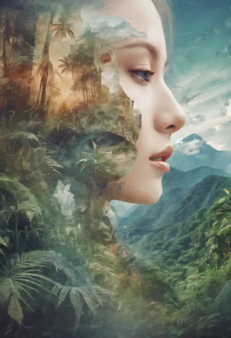 Dubrec style，closeup of face，Jungle mountains image foreground，（multiple exposure：1.8），Complex illustrations in surrealist art s...