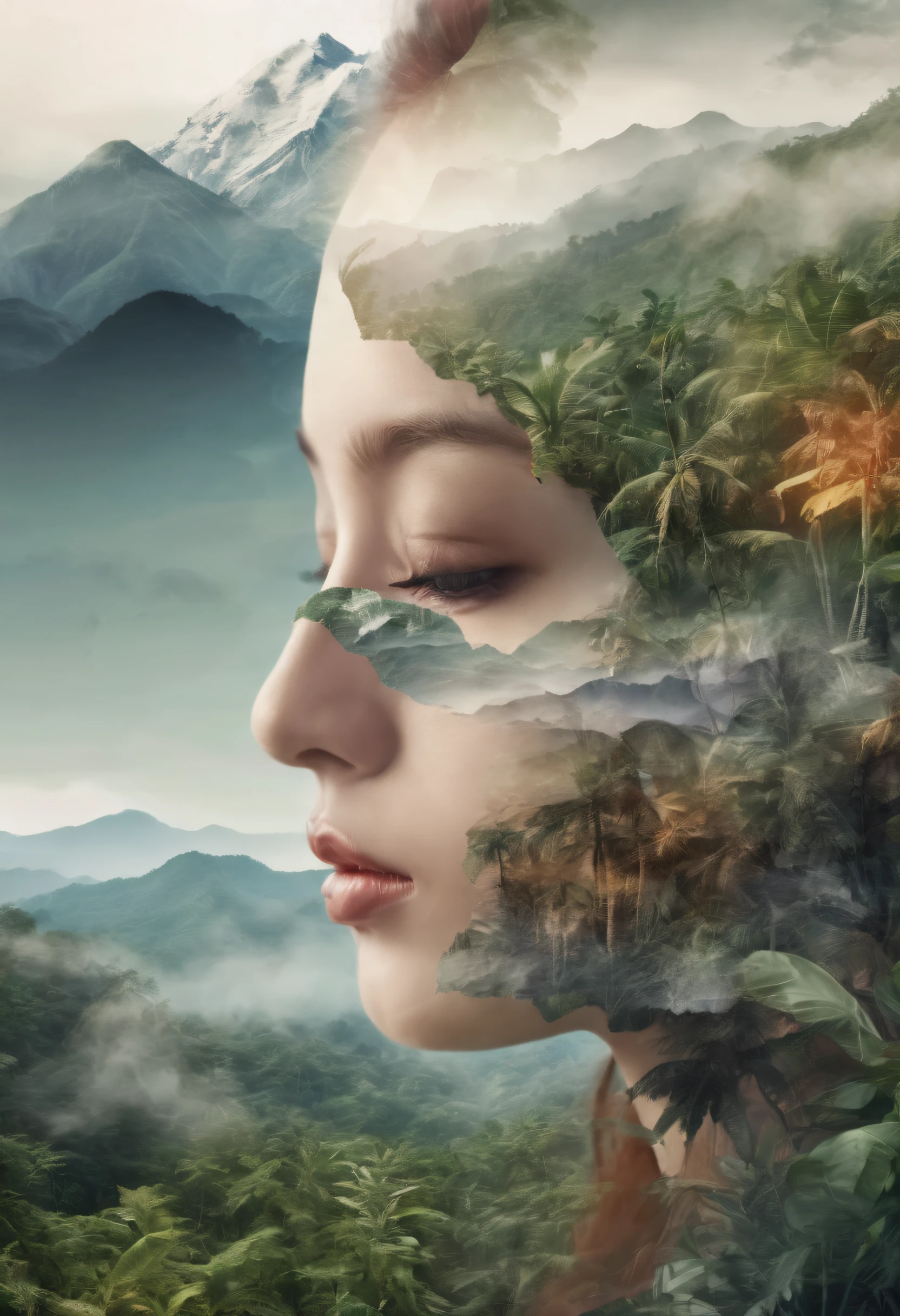 Dubrec style，closeup of face，Jungle mountains image foreground，（multiple exposure：1.8），Complex illustrations in surrealist art style，Surreal dreams