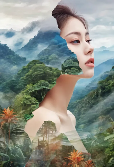 dubrec style，girl transparent face close-up，jungle mountains image foreground，（multiple exposure：1.8），complex illustrations in s...