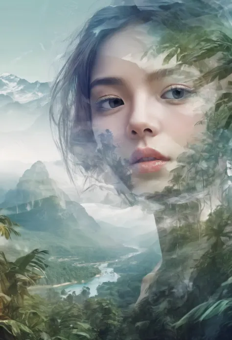 Dubrec style，Girl transparent face close-up，Jungle mountains image foreground，（multiple exposure：1.8），Complex illustrations in s...