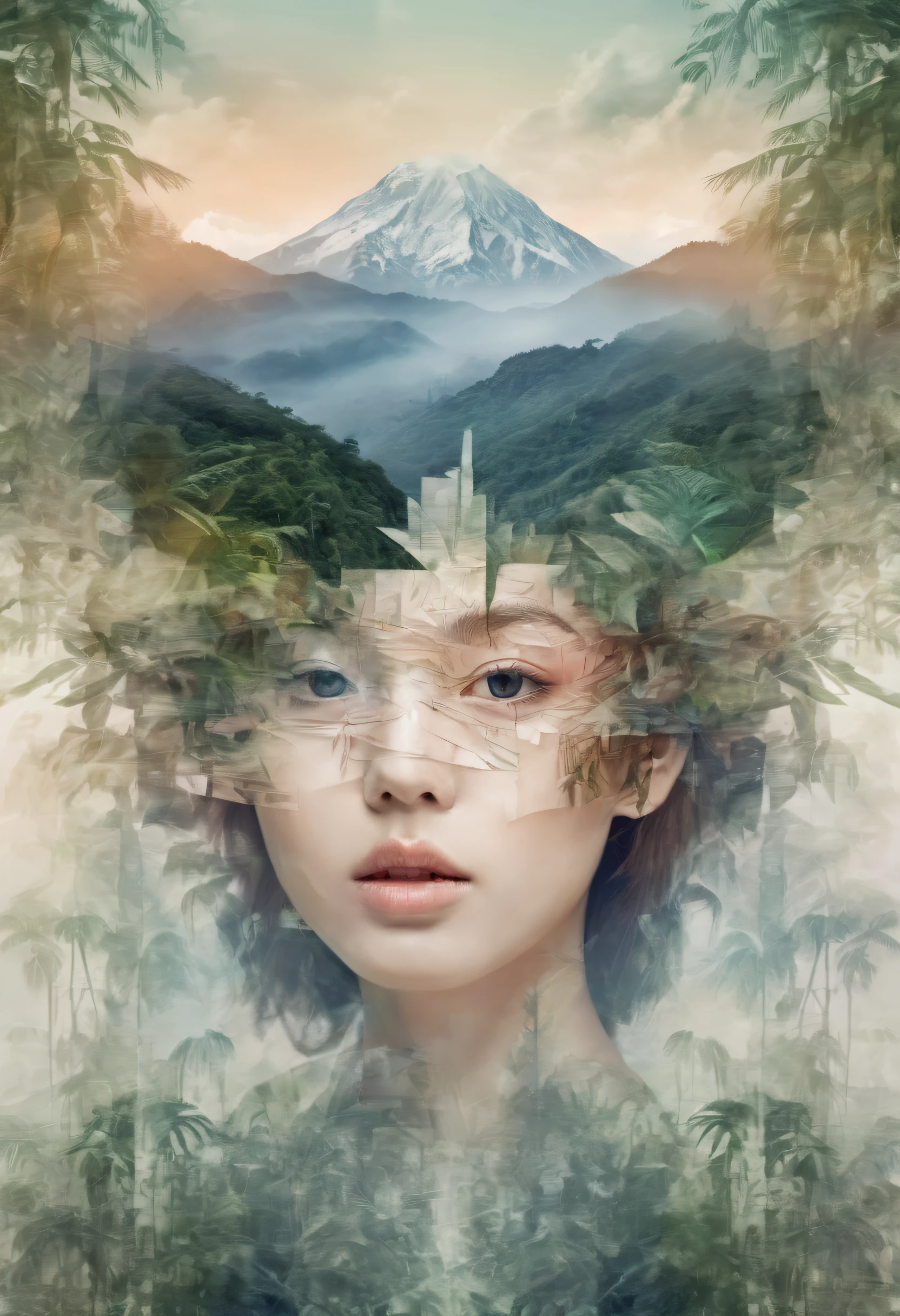 Dubrec style，Girl transparent face close-up，Jungle mountains image foreground，（multiple exposure：1.8），Complex illustrations in surrealist art style，Surreal dreams