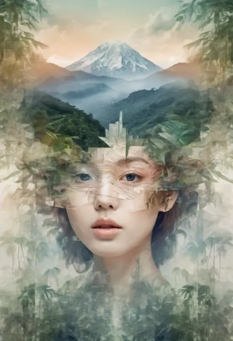 Dubrec style，Girl transparent face close-up，Jungle mountains image foreground，（multiple exposure：1.8），Complex illustrations in s...