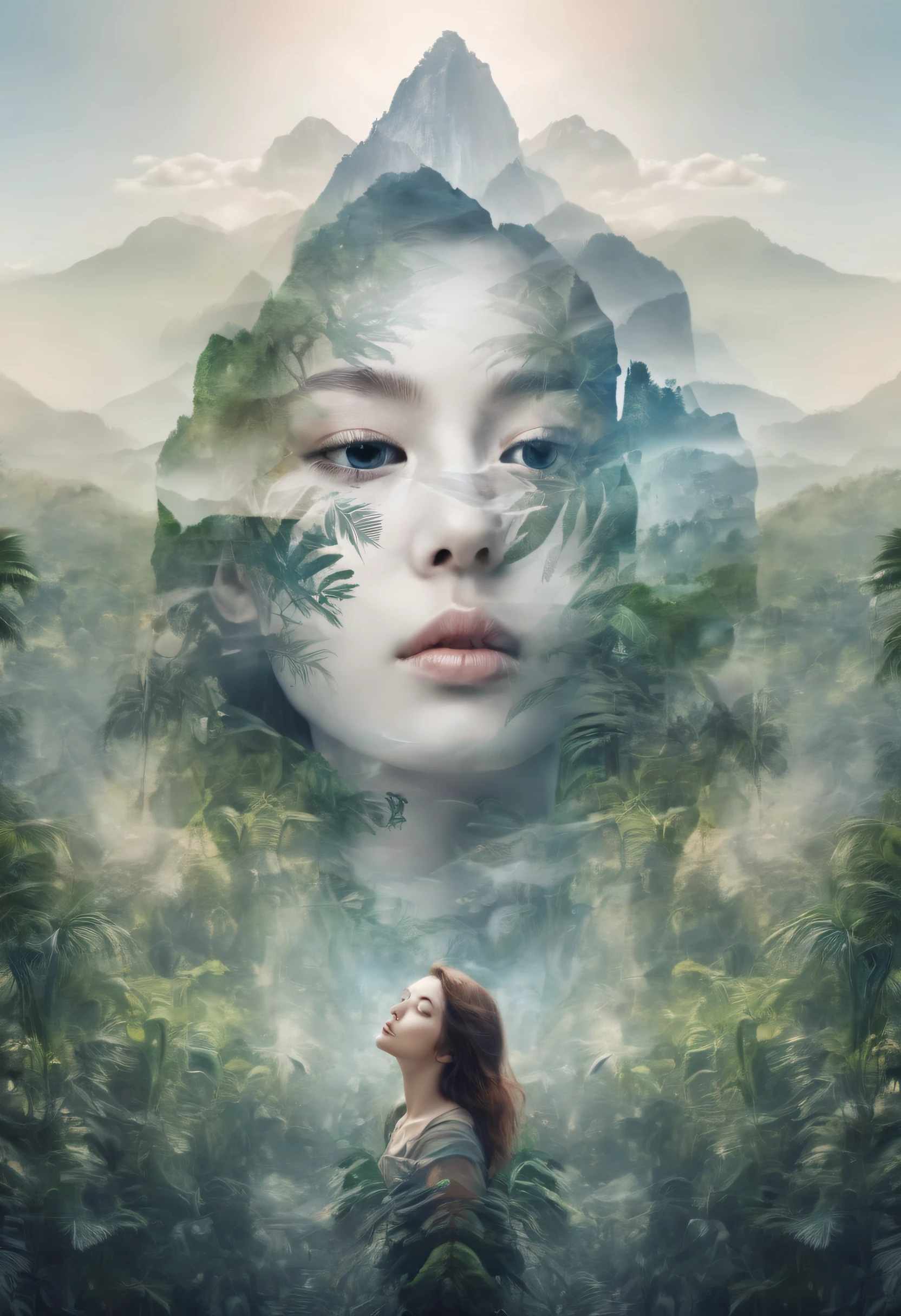 Dubrec style，Girl transparent face close-up，Jungle mountains image foreground，（multiple exposure：1.8），Complex illustrations in surrealist art style，Surreal dreams