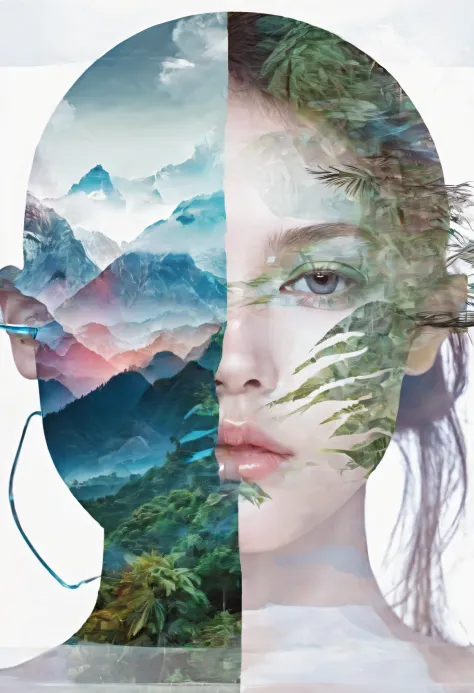 Dubrec style，Girl transparent face close-up，Jungle mountains image foreground，（multiple exposure：1.8），Complex illustrations in s...