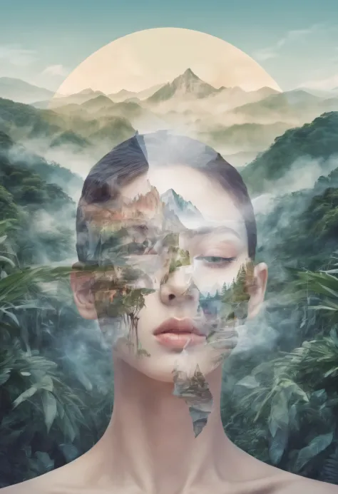 Dubrec style，Transparent face close-up，Jungle mountains image foreground，（multiple exposure：1.8），Complex illustrations in surrea...