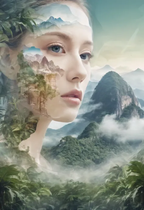 Dubrec style，Transparent face close-up，Jungle mountains image foreground，（multiple exposure：1.8），Complex illustrations in surrea...