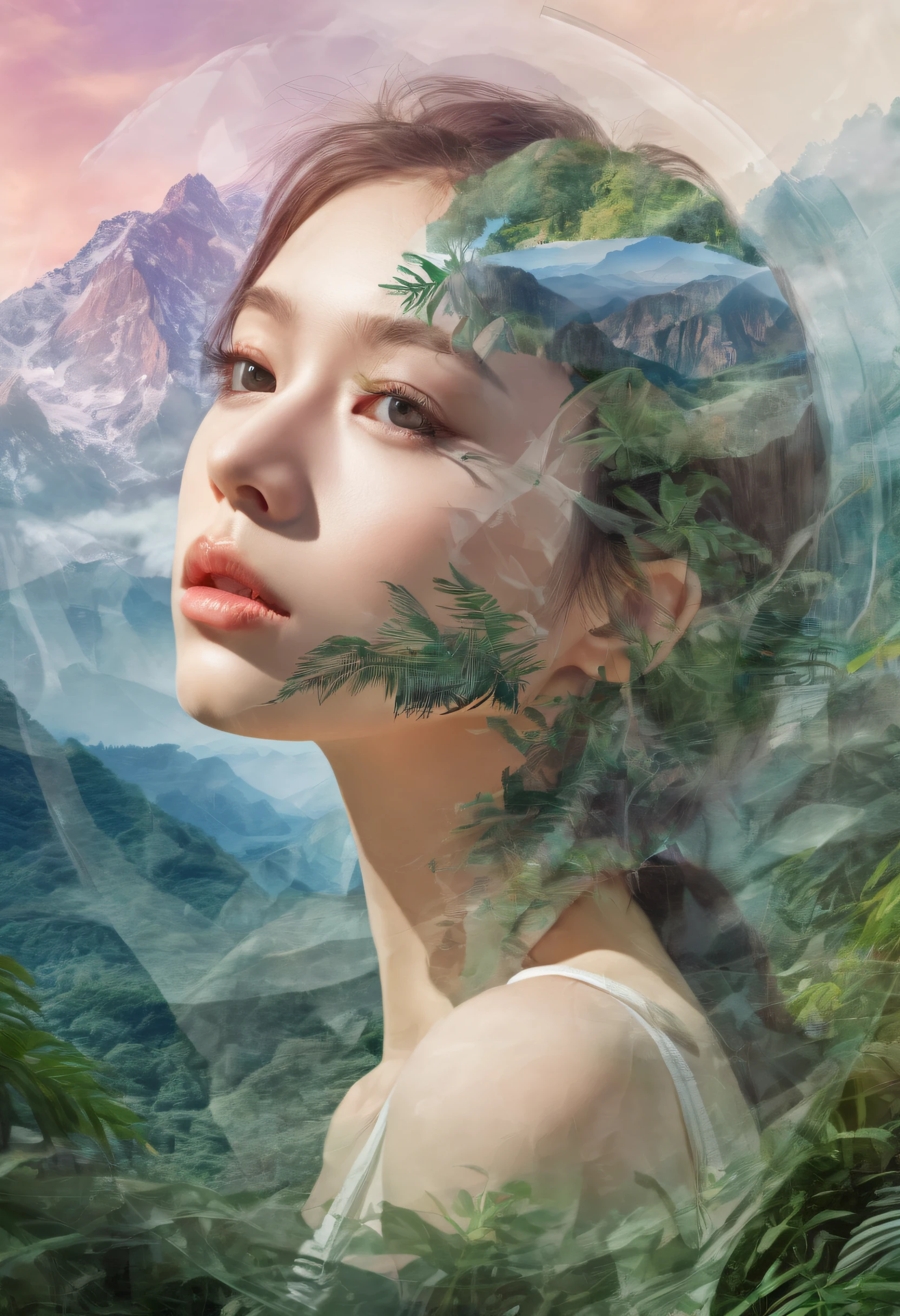 Dubrec style，Girl transparent face close-up，Jungle mountains image foreground，（multiple exposure：1.8），Complex illustrations in surrealist art style，Surreal dreams