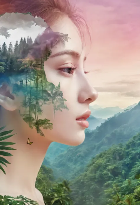 dubrec style，girl transparent face close-up，jungle mountains image foreground，（multiple exposure：1.8），complex illustrations in s...