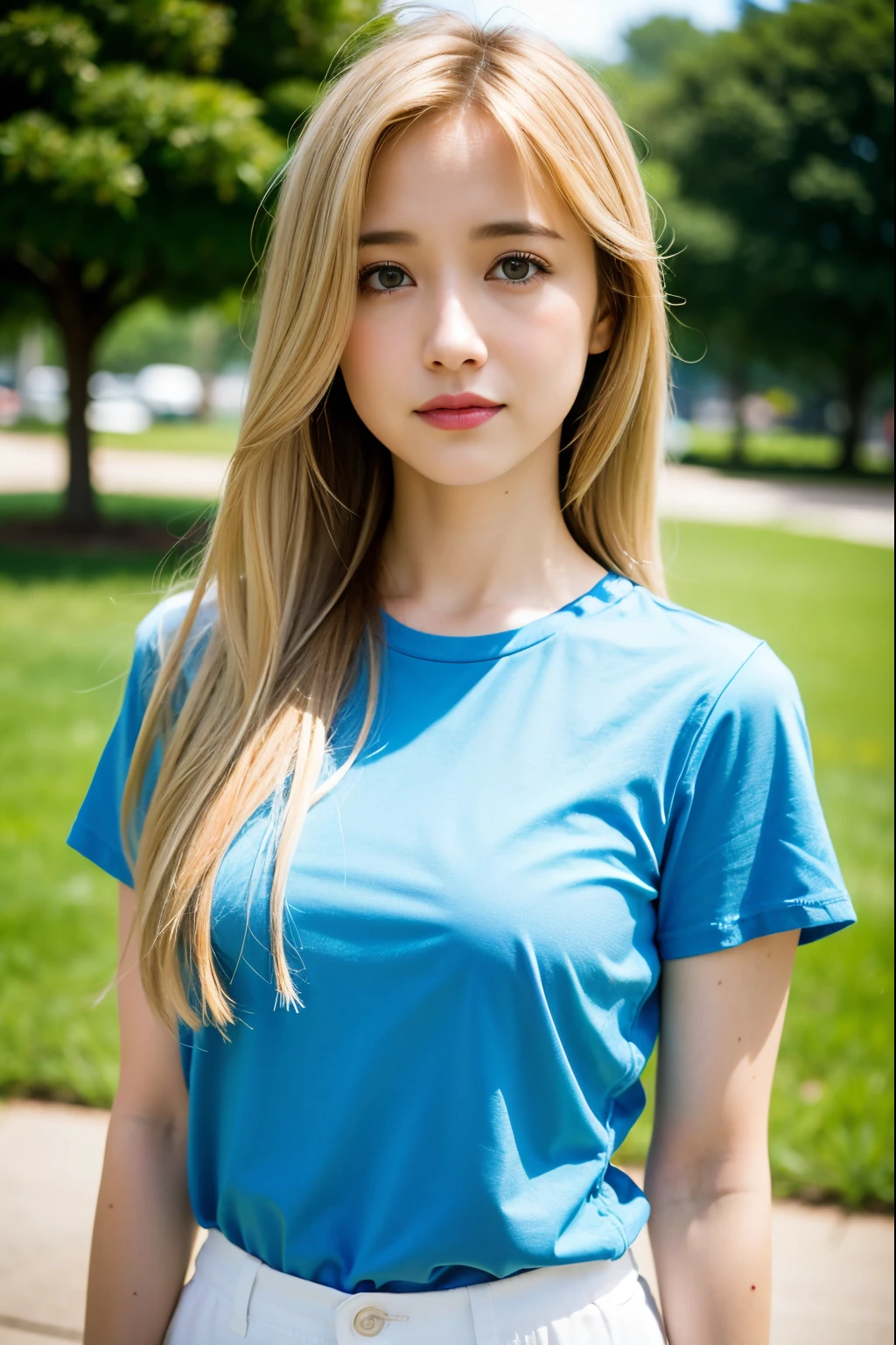 A close up of a woman with long blonde hair wearing a blue shirt - SeaArt AI