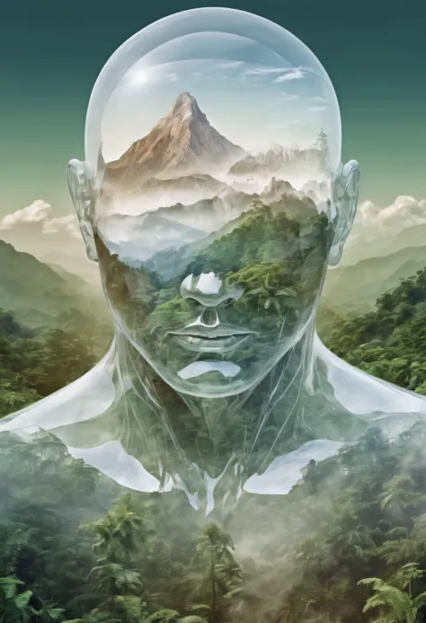 dubrec style，transparent face close-up，jungle mountains image foreground，（multiple exposure：1.8），complex illustrations in surrea...