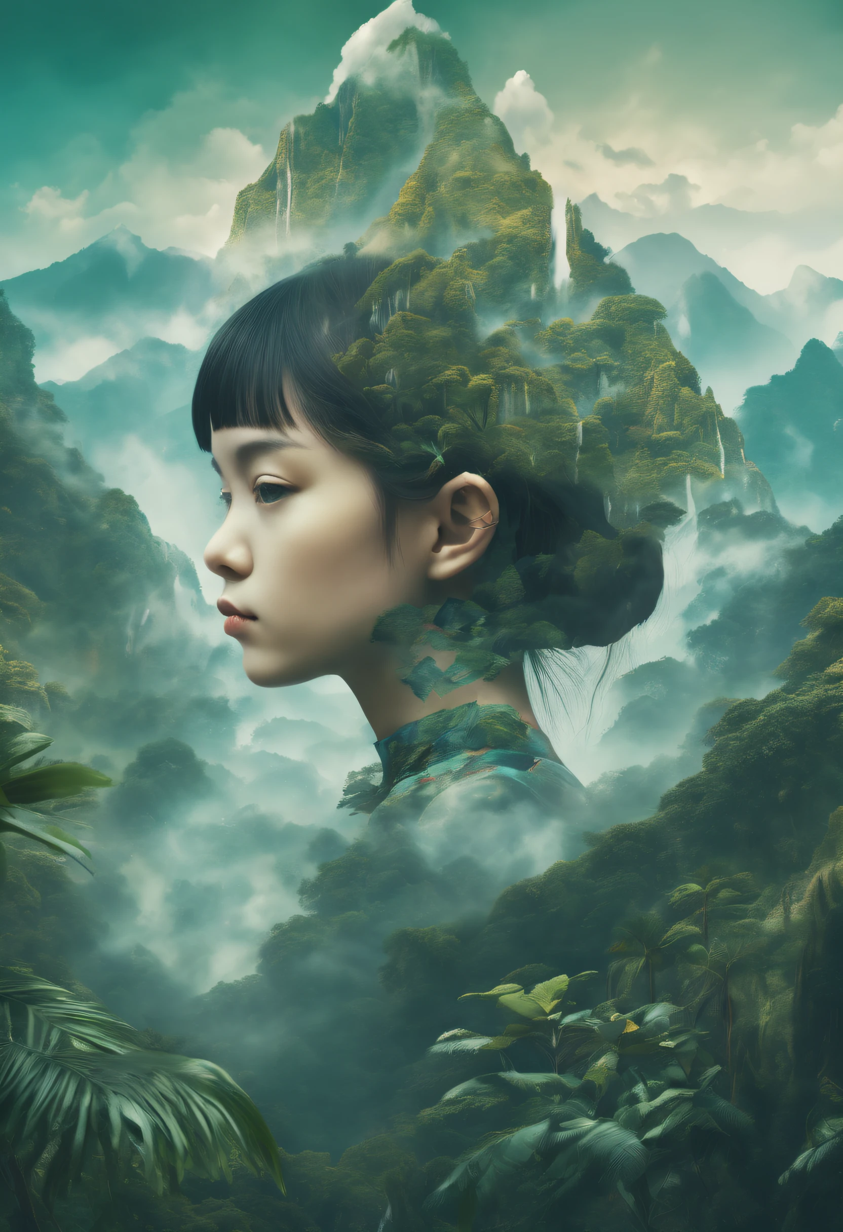 Dubrec-Stil，Nahaufnahme eines Mädchens&#39;s Avatar，Dschungelberge Bild Vordergrund，（mehrfache Belichtung：1.8），Komplexe Illustrationen im surrealistischen Kunststil，Surreale Träume