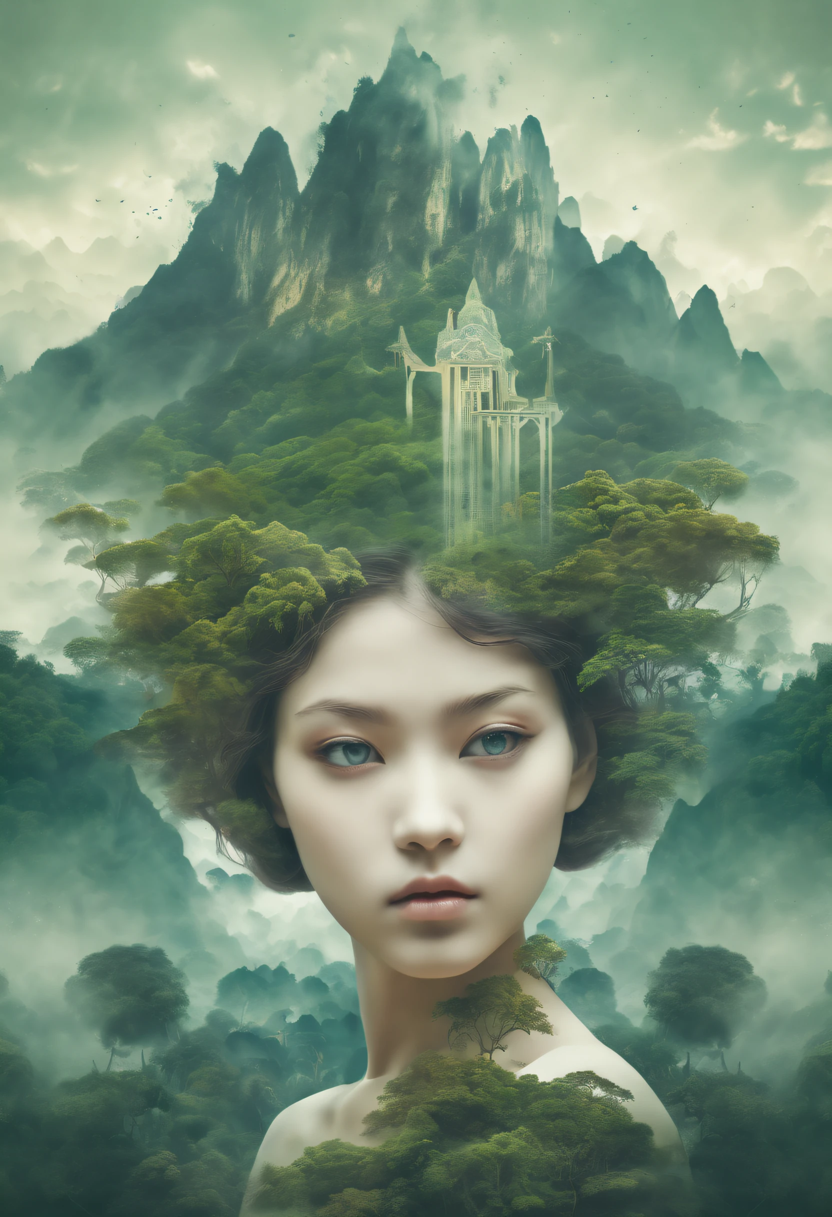 Dubrec style，Girl head portrait，Jungle mountains image foreground，（multiple exposure：1.8），Complex illustrations in surrealist art style，Surreal dreams