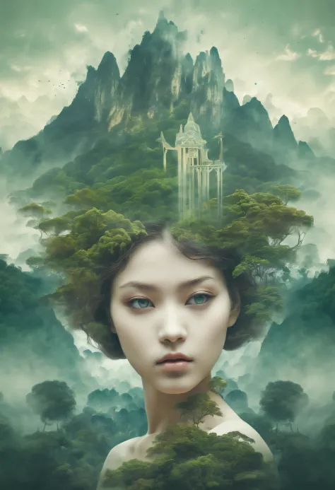 Dubrec style，Girl head portrait，Jungle mountains image foreground，（multiple exposure：1.8），Complex illustrations in surrealist ar...