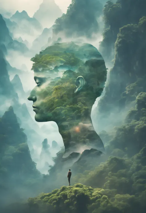 dubrec style，transparent person avatar，jungle mountains image foreground，（multiple exposure：1.8），complex illustrations in surrea...