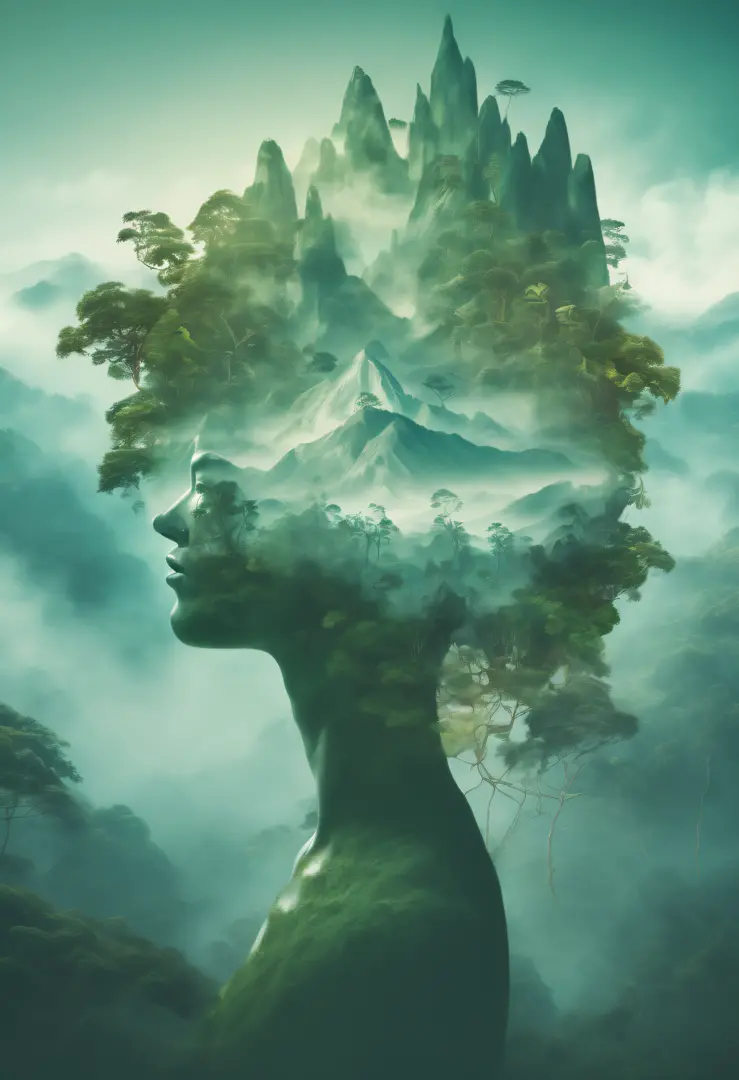 Dubrec style，Transparent person avatar，Jungle mountains image foreground，（multiple exposure：1.8），Complex illustrations in surrea...